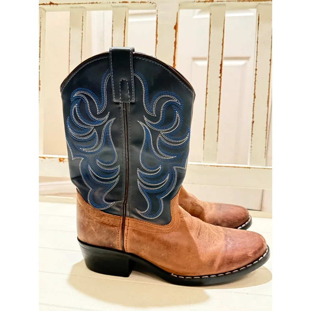 Cody James Kids Brown Leather‎ Navy Blue Stitched Western Cowboy Boots Size 4 D